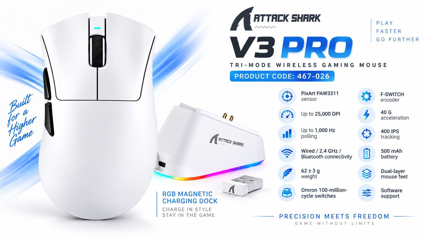ATTACK SHARK V3 PRO Tri-Mode Wireless Gaming Mouse White with RGB Charging Dock Overview