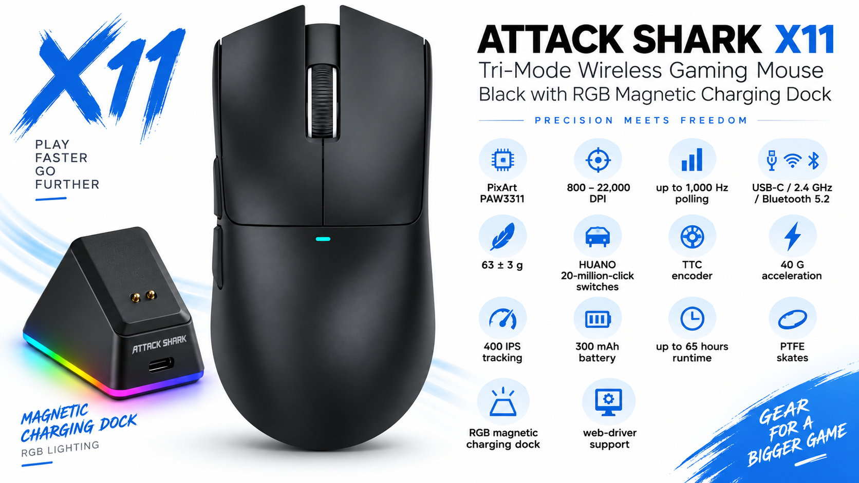 ATTACK SHARK X11 Tri-Mode Wireless Gaming Mouse Black with RGB Charging Dock Overview