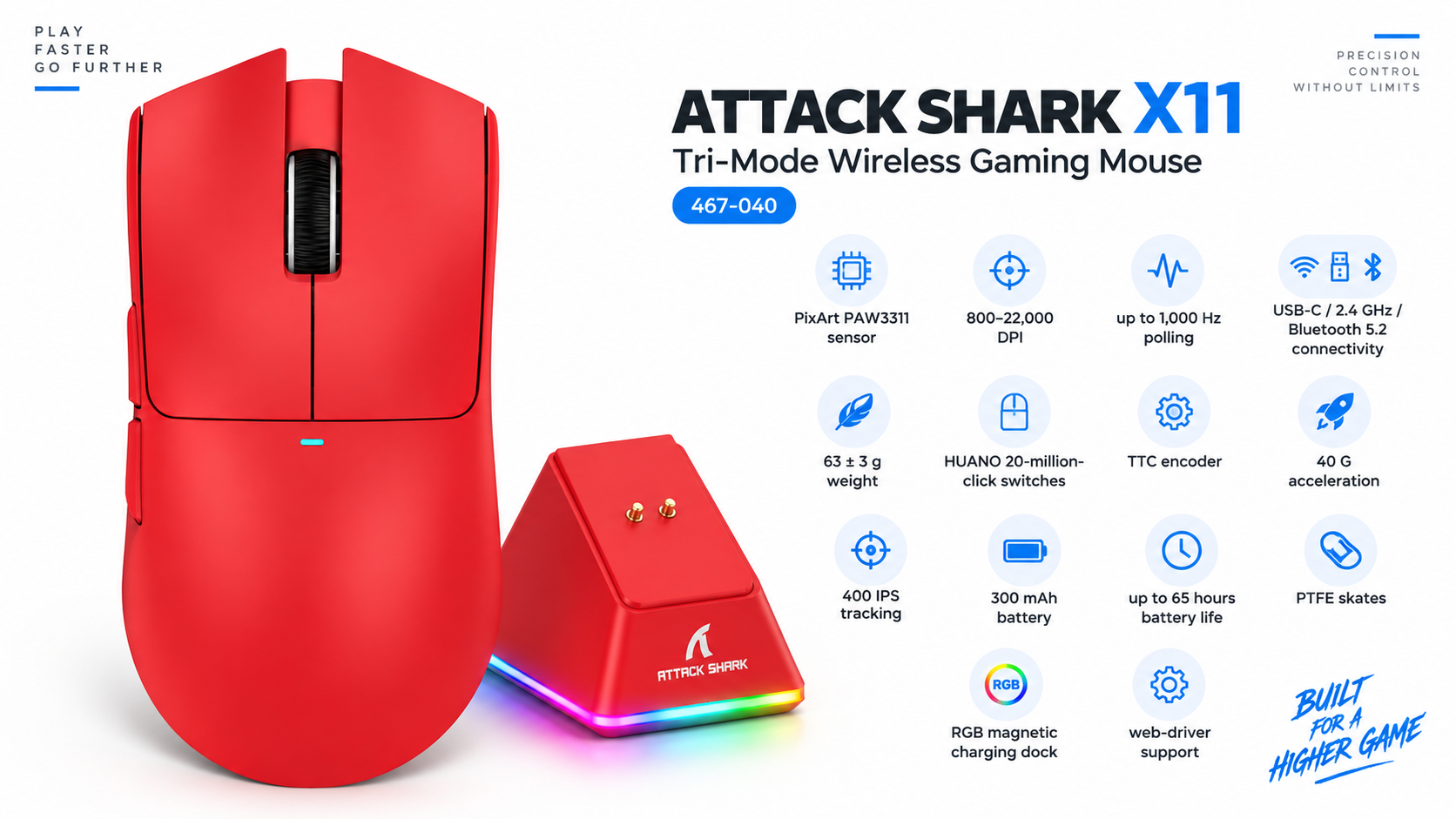ATTACK SHARK X11 Tri-Mode Wireless Gaming Mouse Red with RGB Charging Dock Overview