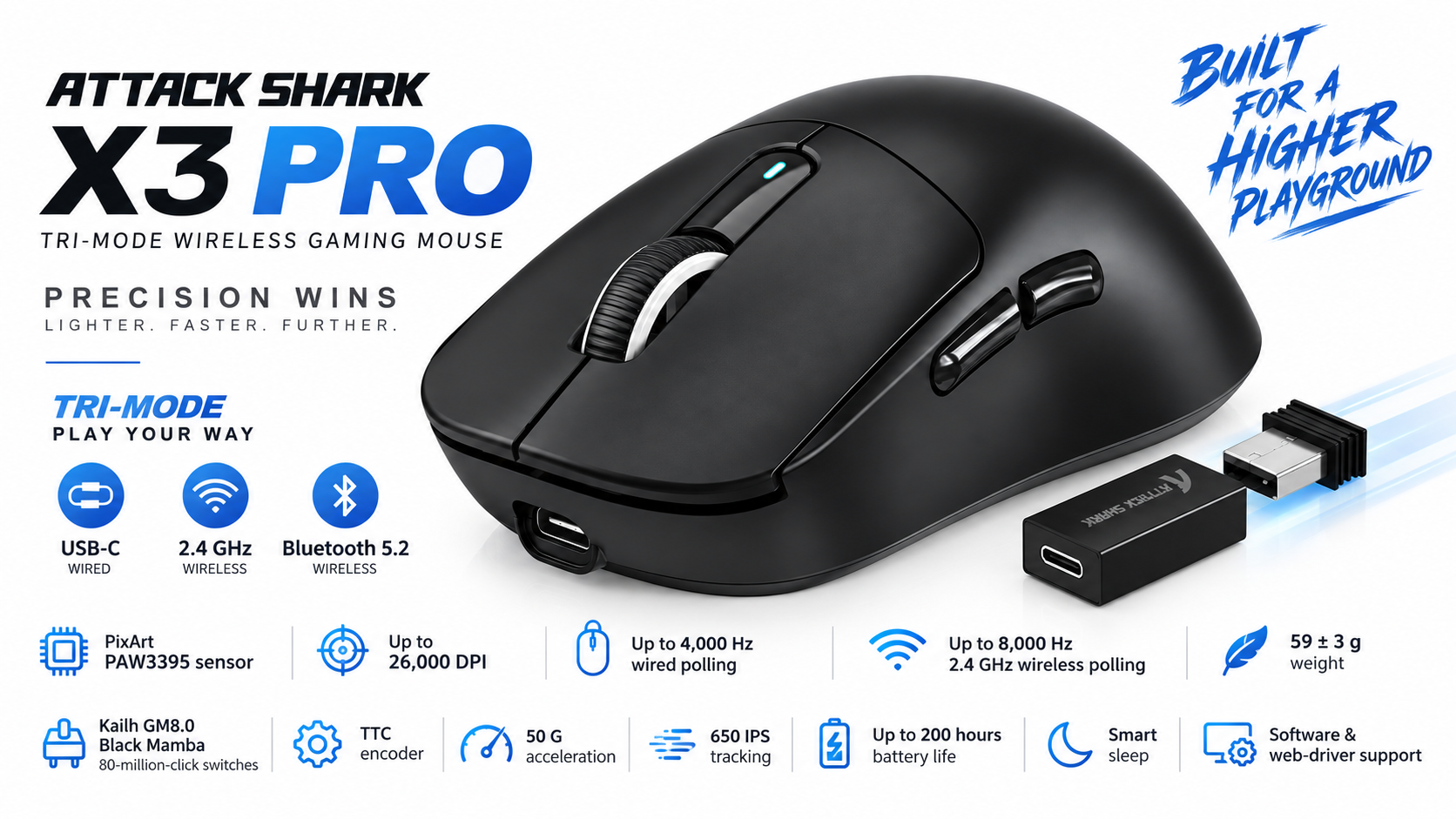 ATTACK SHARK X3 PRO Tri-Mode 8K Wireless Gaming Mouse Black Overview