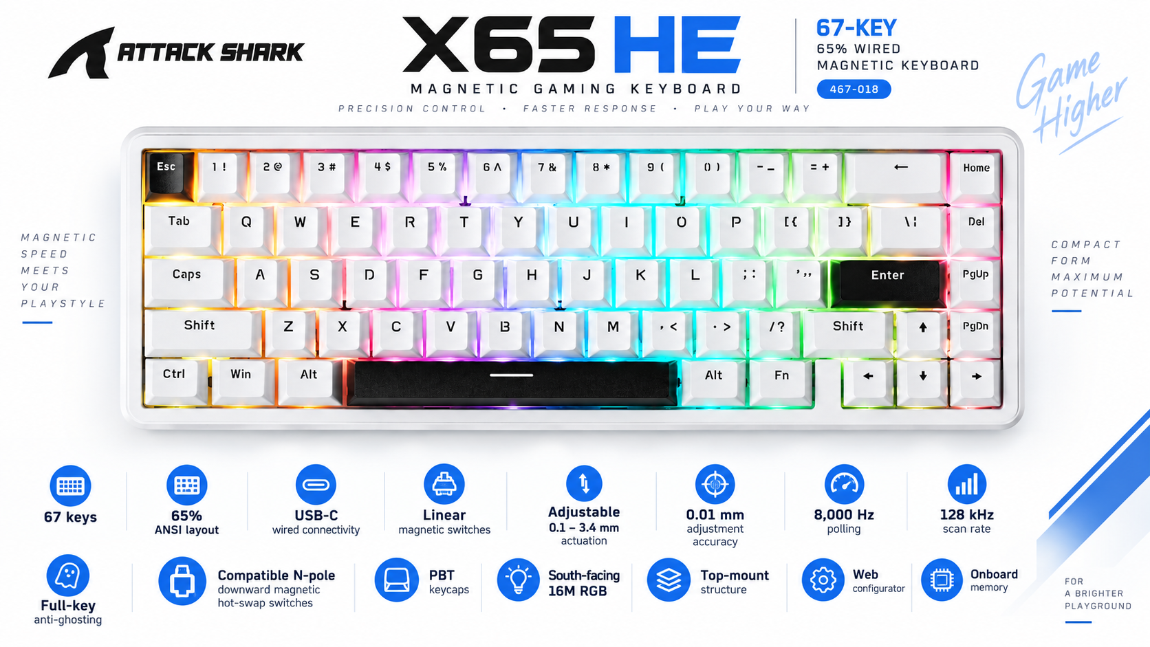 ATTACK SHARK X65 HE 65% Wired Magnetic Gaming Keyboard White Overview