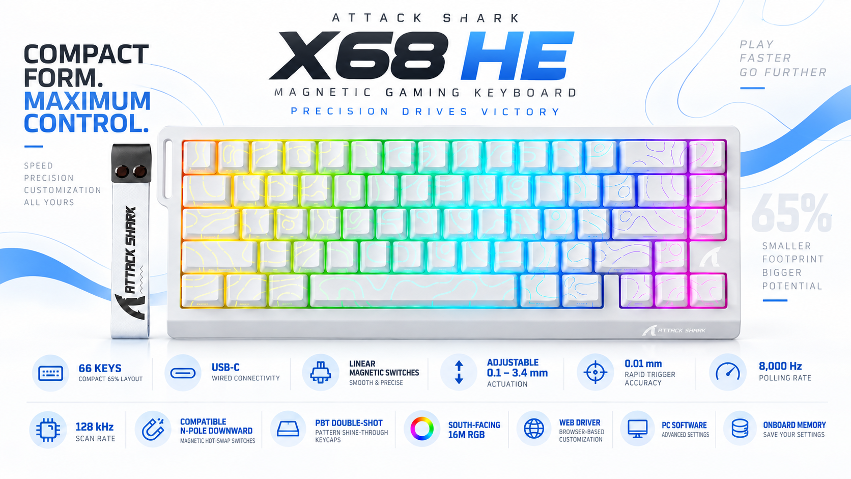 ATTACK SHARK X68 HE 65% Wired Magnetic Gaming Keyboard White Contours Overview