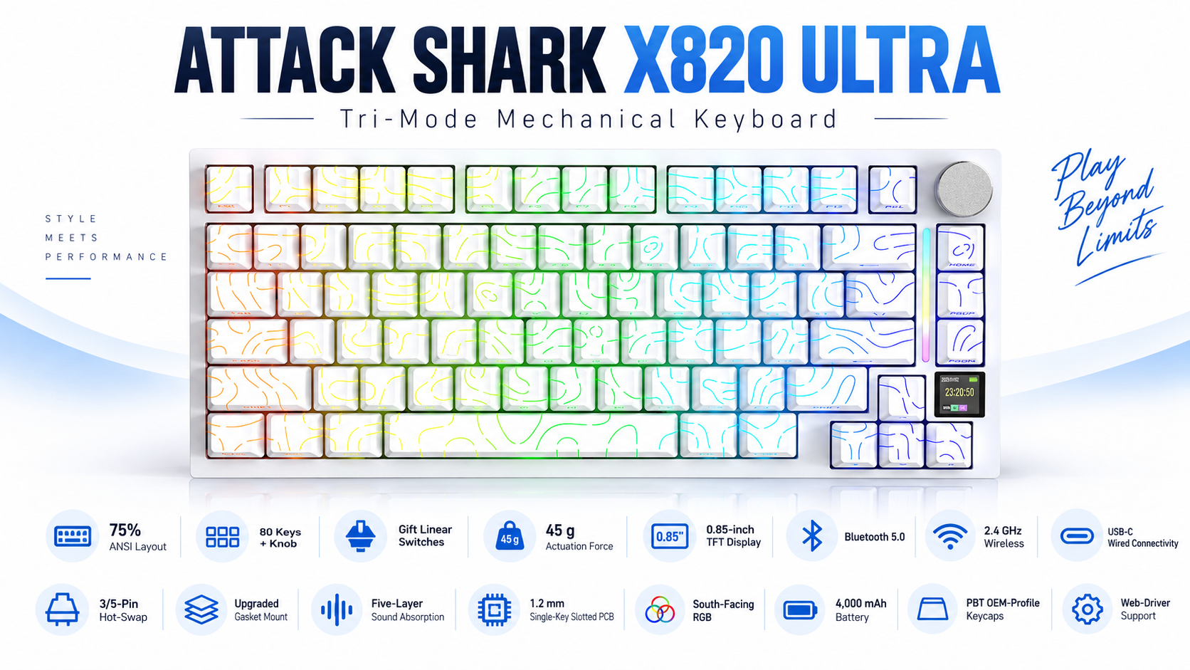 ATTACK SHARK X820 ULTRA Tri-Mode Mechanical Keyboard White Contours Gift Switch Overview