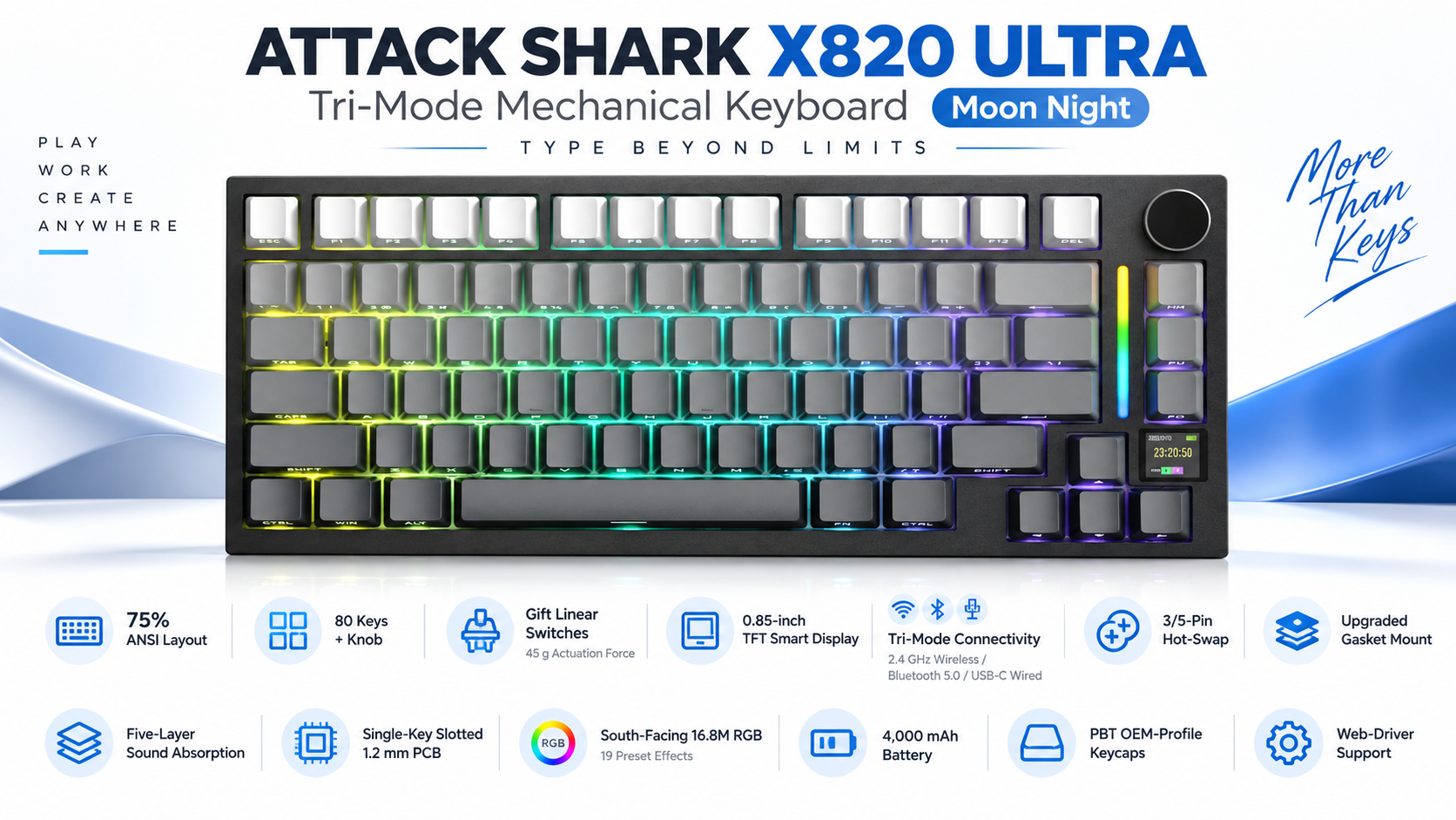 ATTACK SHARK X820 ULTRA Tri-Mode Mechanical Keyboard Moon Night Gift Switch Overview