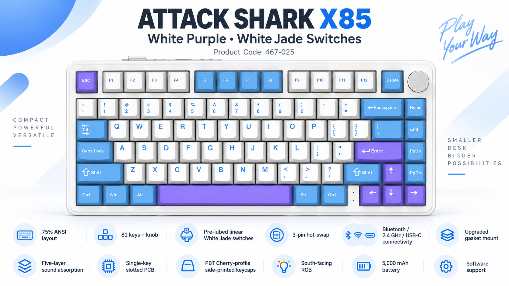 ATTACK SHARK X85 75% Tri-Mode Mechanical Keyboard White Purple White Jade Switch Overview