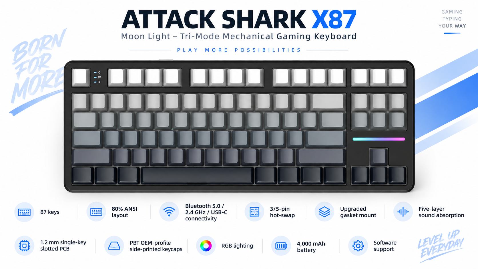 ATTACK SHARK X87 80% Tri-Mode Mechanical Gaming Keyboard Moon Light Overview
