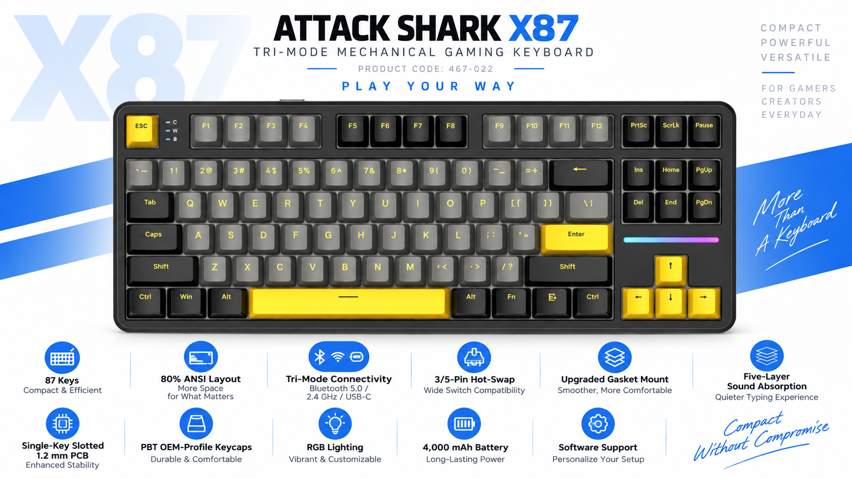 ATTACK SHARK X87 80% Tri-Mode Mechanical Gaming Keyboard Star Black Overview