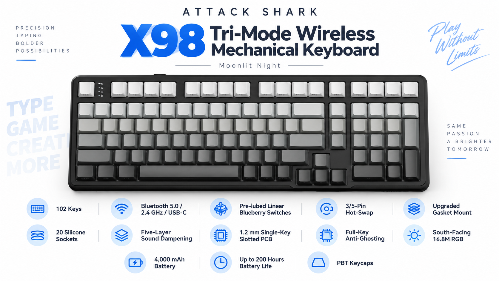 ATTACK SHARK X98 Tri-Mode Wireless Mechanical Keyboard Moonlit Night Overview