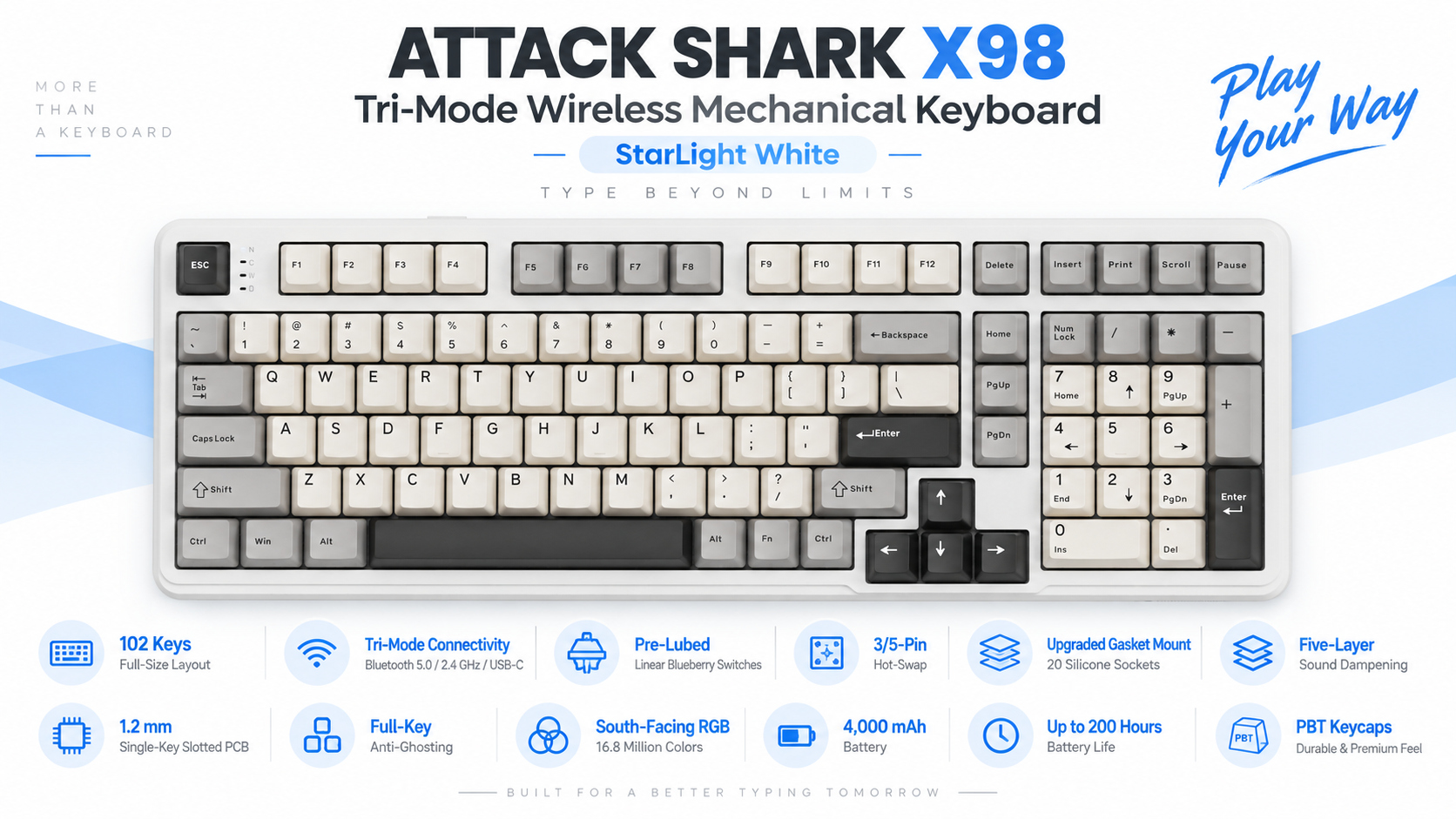 ATTACK SHARK X98 Tri-Mode Wireless Mechanical Keyboard StarLight White Overview