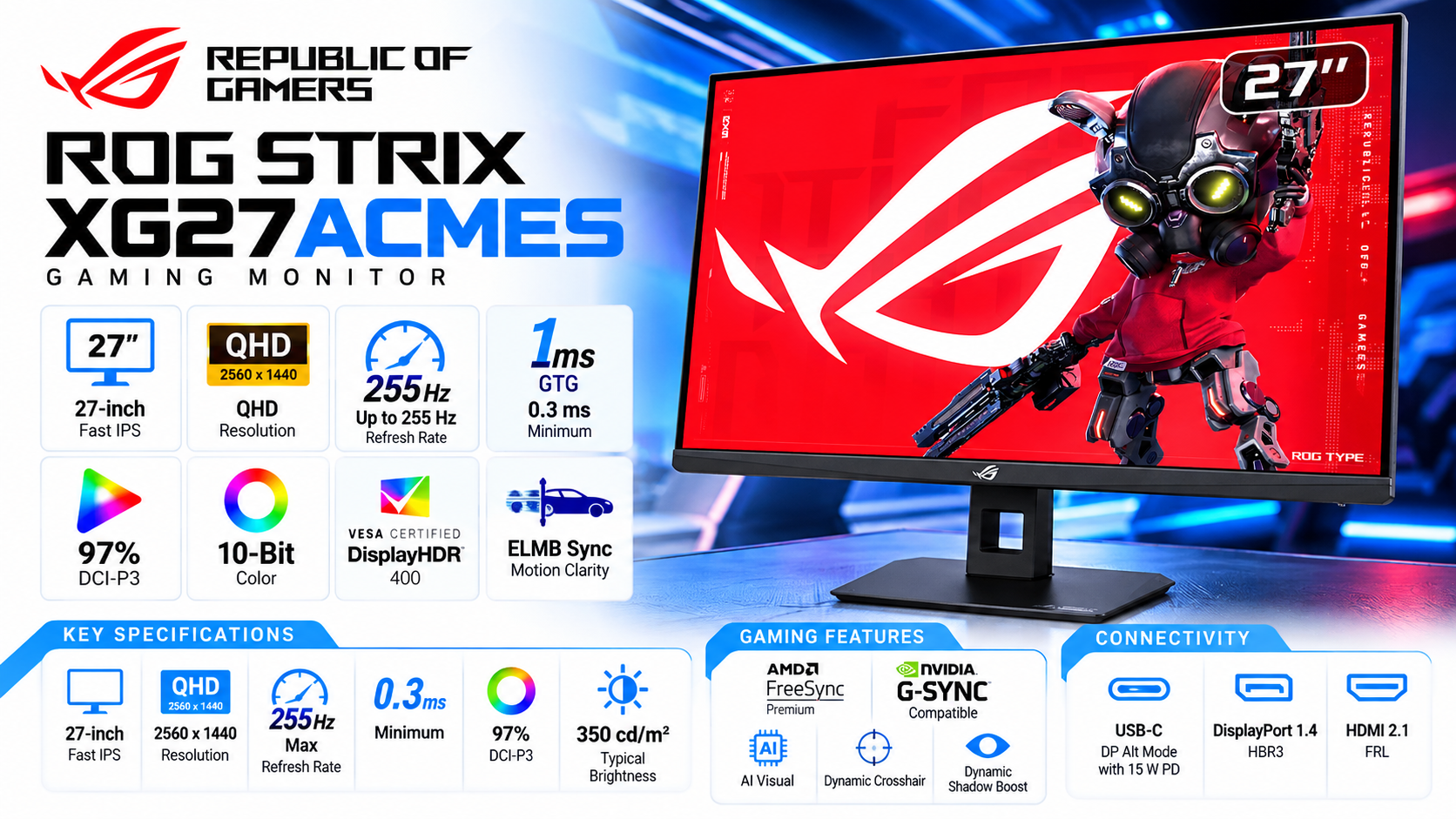 ASUS ROG Strix XG27ACMES 27-inch QHD Fast IPS Gaming Monitor 255 Hz Overview