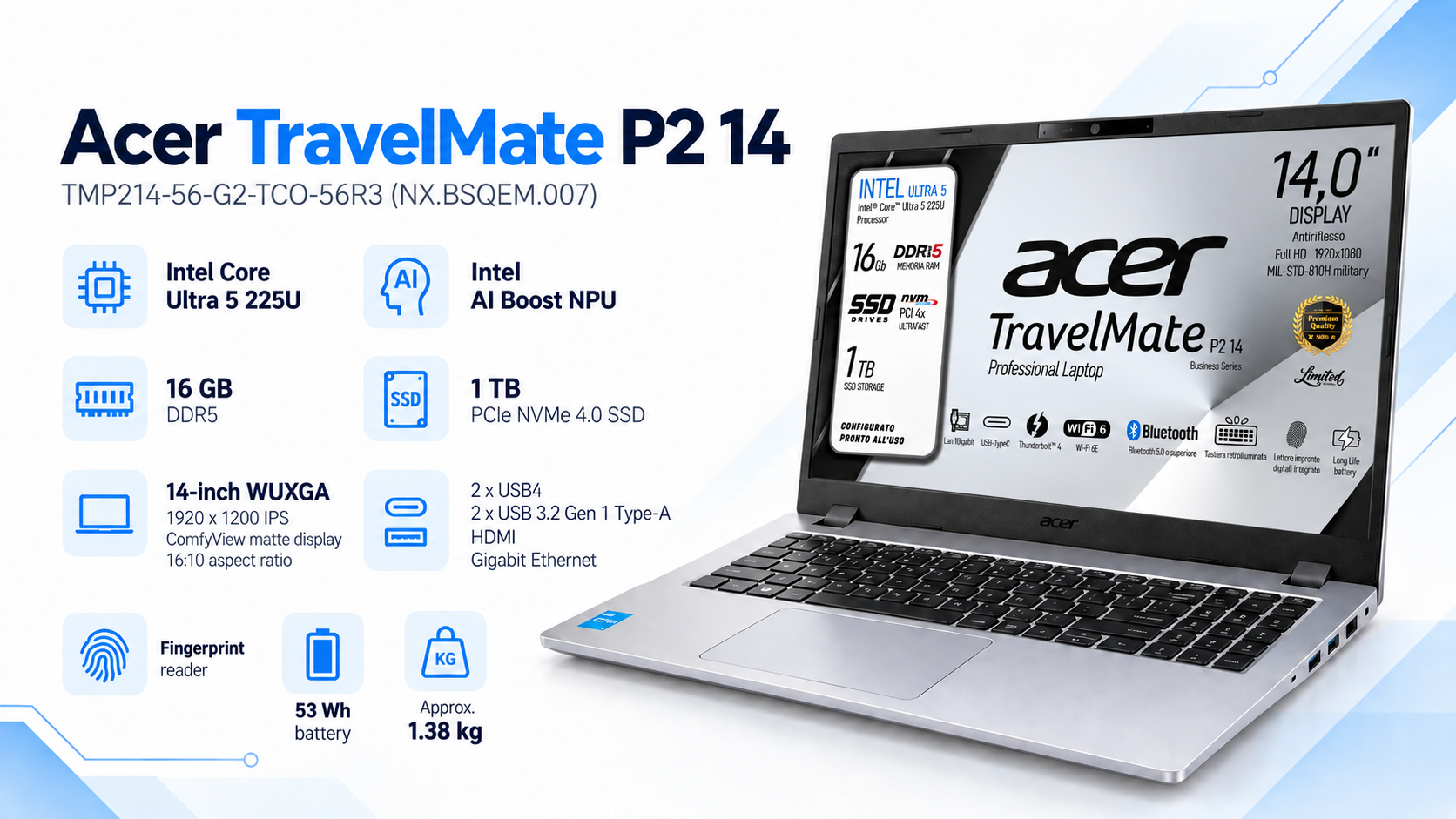 Acer TravelMate P2 14 TMP214-56-G2-TCO-56R3 Business Laptop Silver Overview