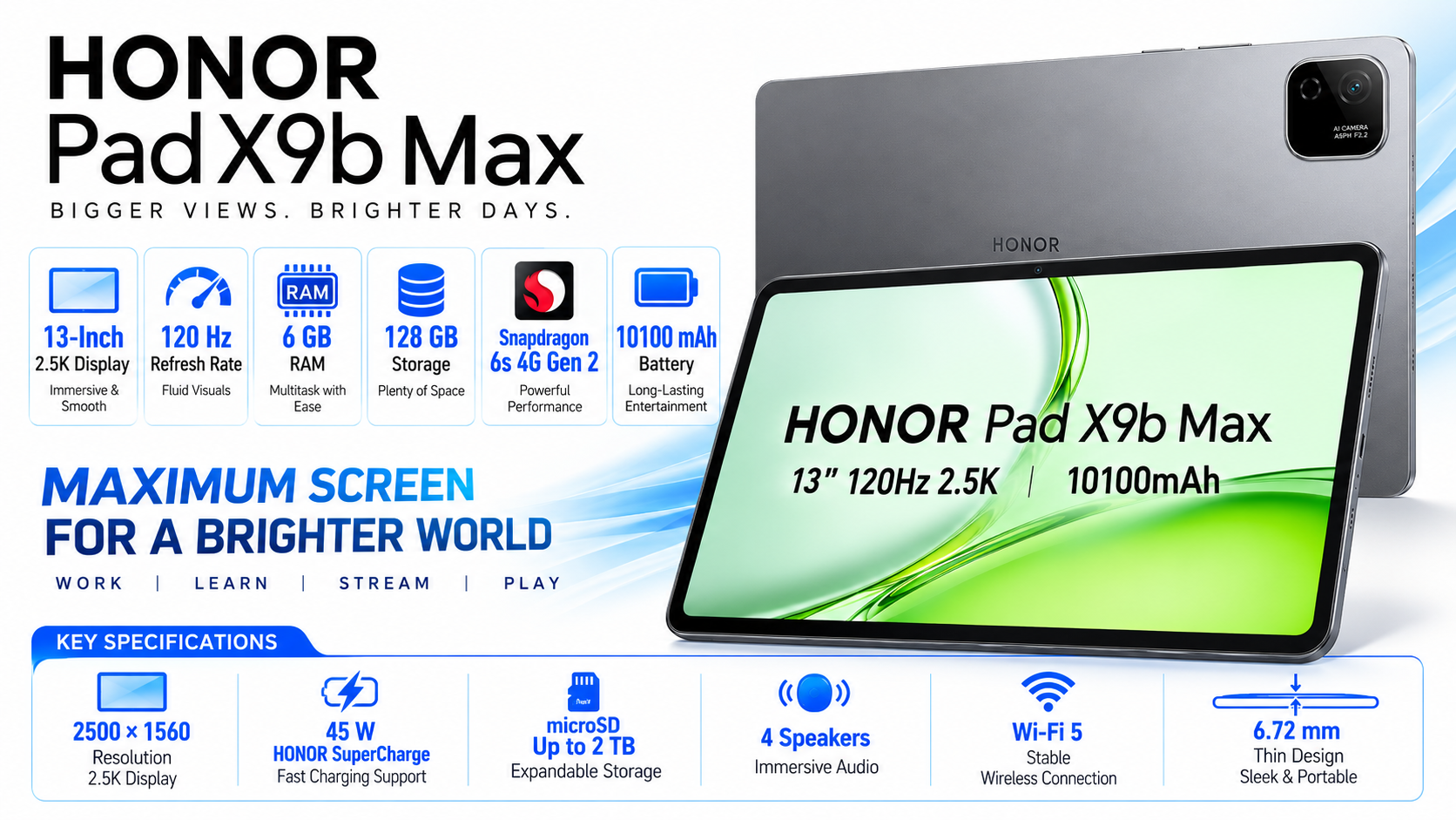 HONOR Pad X9b Max 13-inch Wi-Fi Tablet 6GB 128GB Gray Overview