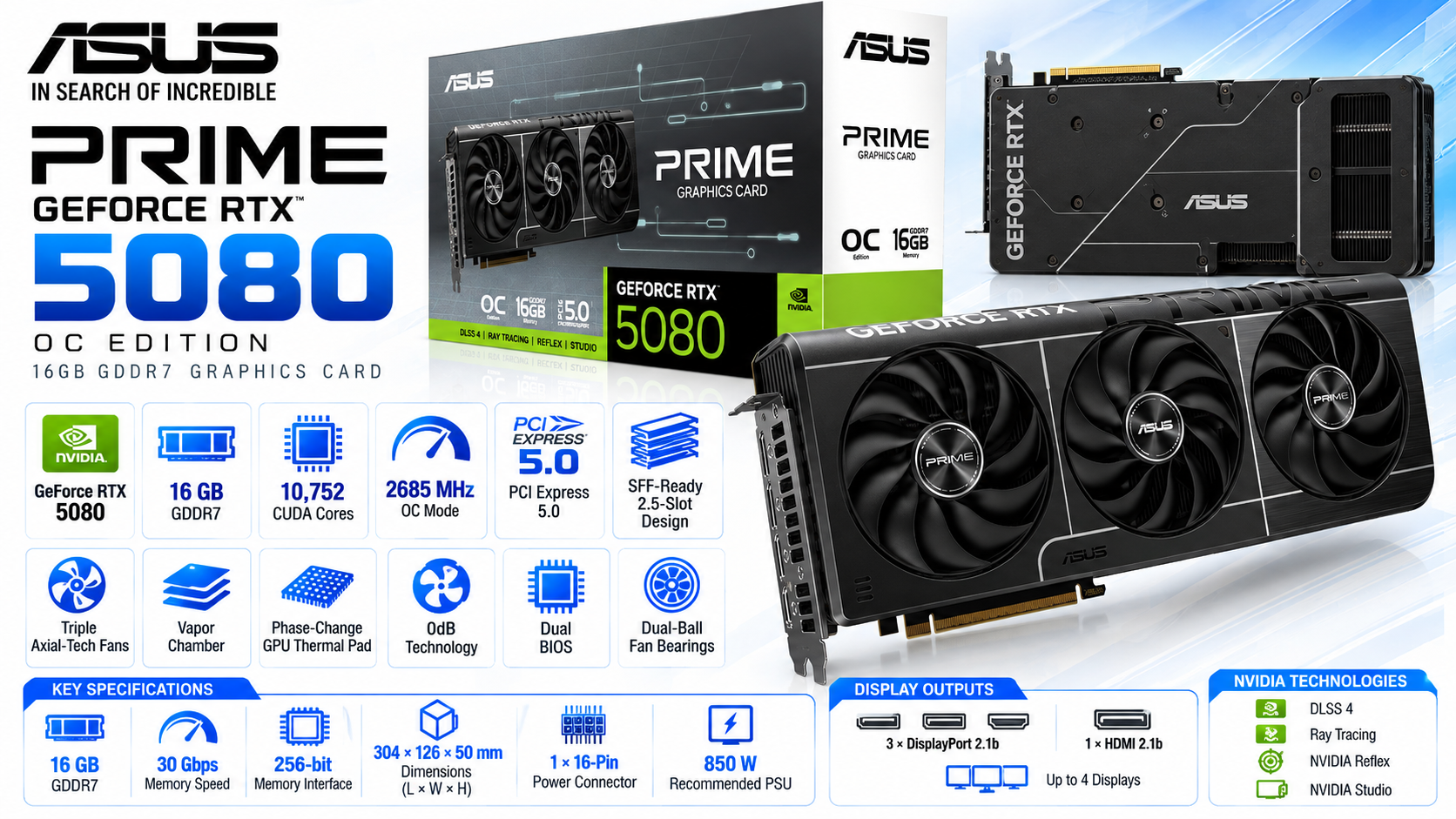 ASUS Prime GeForce RTX 5080 OC Edition 16GB GDDR7 Graphics Card Overview