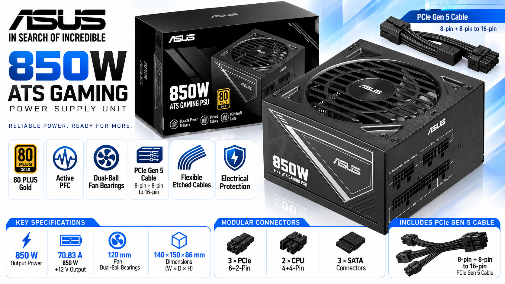 ASUS 850W-ATS Gold 850 W 80 PLUS Gold Power Supply Overview