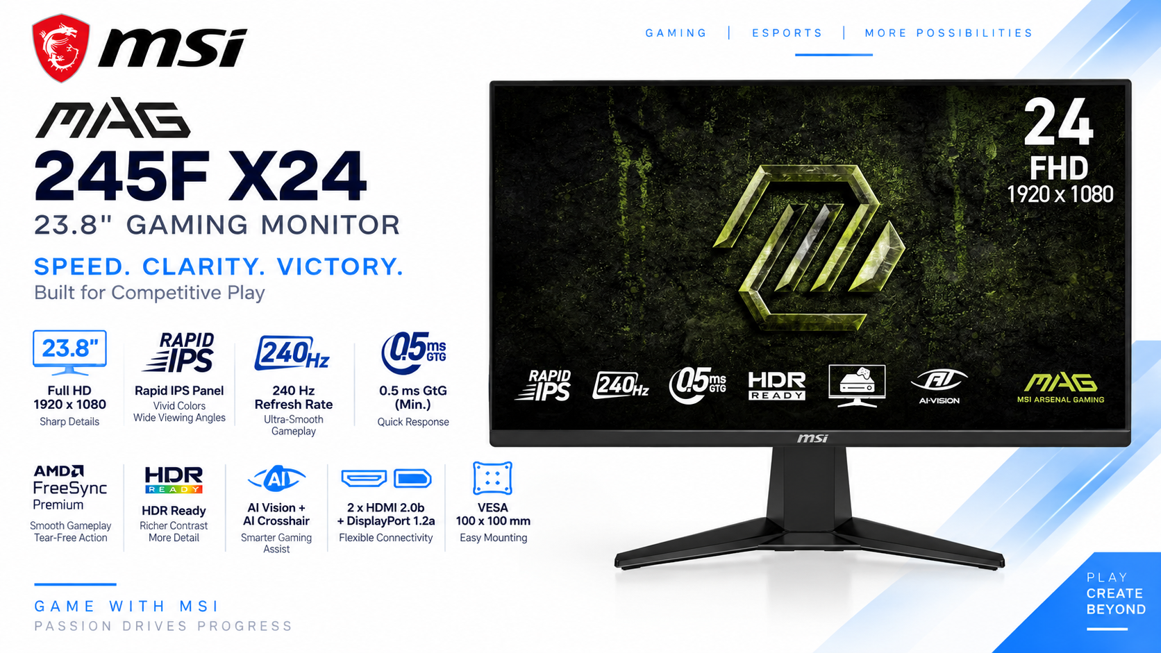 MSI MAG 245F X24 23.8-Inch FHD Rapid IPS 240Hz Gaming Monitor Overview